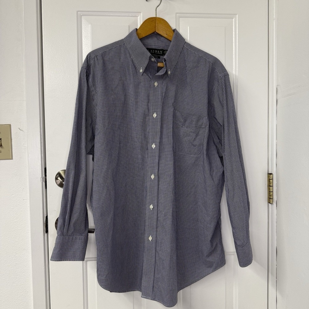 LAUREN RALPH LAUREN Shirt Mens Navy Plaid 100% Cotton Long Sleeve 17 1/2 32/33